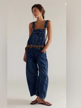 NEW Free People We The Free Good Luck Barrel Overalls Size Medium in Deep End